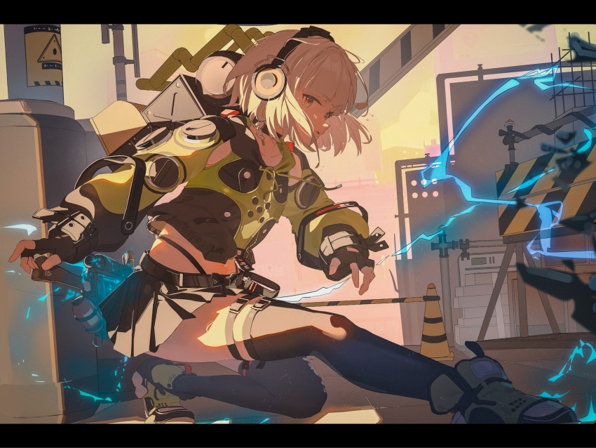 1girl absurdres anby_demara bag belted_skirt black_gloves black_skirt black_thighhighs crop_top fashi_laizi_weilai fingerless_gloves gloves green_jacket green_sleeves grey_hair headphones highres jacket lightning miniskirt outdoors pleated_skirt short_hair skirt sword thighhighs weapon zenless_zone_zero