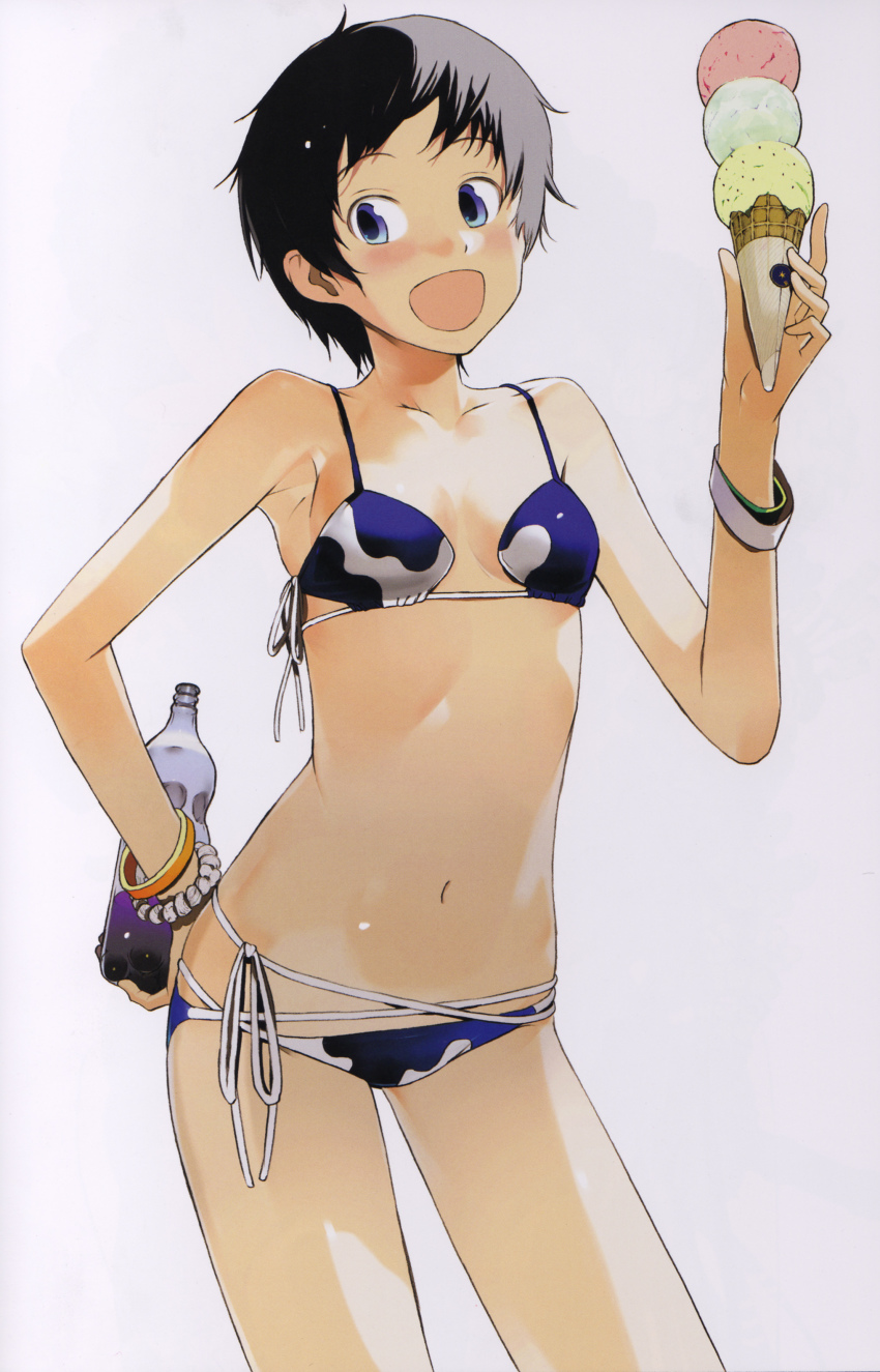 1girl absurdres androgynous bikini black_hair blue_bikini blue_eyes blush bottle bracelet breasts drink female_focus food hand_on_own_hip highres ice_cream jewelry navel okama open_mouth original scan short_hair side-tie_bikini_bottom small_breasts smile solo swimsuit