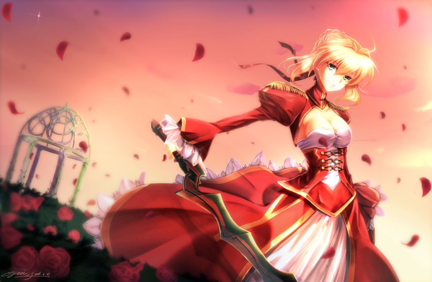 10s 1girl blonde_hair breasts cleavage dress epaulettes fate/extra fate_(series) female_focus flower gazebo green_eyes highres holding holding_sword holding_weapon looking_at_viewer nero_claudius_(fate) nero_claudius_(fate/extra) petals pink_sky red_dress rose signature sky solo standing sword weapon yuitsuki1206