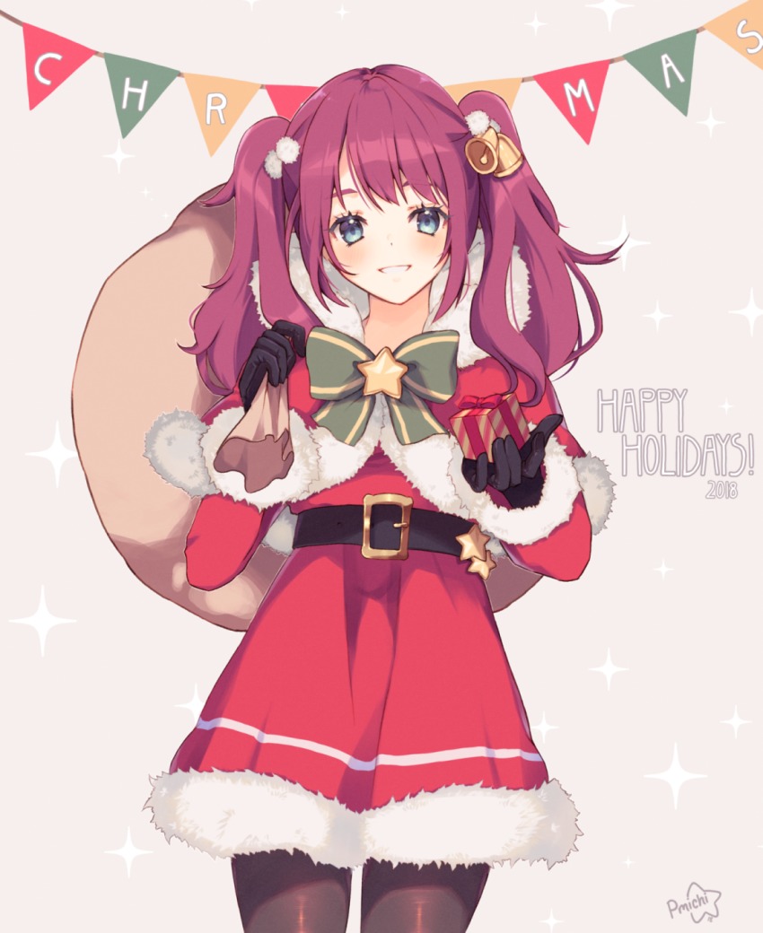 1girl asagawa_mikan_(peachy_michi) bell belt black_gloves black_pantyhose blue_eyes blush bow box capelet christmas cowboy_shot female_focus fur_trim gift gift_box gloves green_bow hair_bell hair_ornament happy_holidays highres long_hair original pantyhose purple_hair sack santa_costume signature simple_background smile solo standing twintails