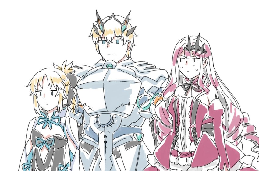 1boy 2girls armor baobhan_sith_(fate) baobhan_sith_(first_ascension)_(fate) barghest_(fate) barghest_(fate)_(cosplay) barghest_(first_ascension)_(fate) blank_stare blonde_hair bow cosplay dress fate/grand_order fate_(series) gawain_(fate) mordred_(fate) mordred_(fate/apocrypha) morgan_le_fay_(fate) morgan_le_fay_(fate)_(cosplay) multiple_girls pe6n1 pink_hair pointy_ears ponytail red_dress smile sweat white_background