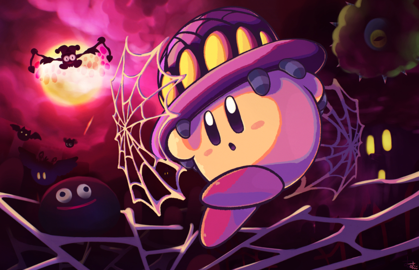 :o animal_hat black_eyes blue_eyes blush_stickers bow bowtie bronto_burt claws cloud cloudy_sky colored_skin commentary_request copy_ability cross-eyed crystal_wings doomer_(kirby) full_moon gooey_(kirby) halloween hat highres jester_cap kirby kirby_(series) kracko looking_ahead marx_(kirby) marx_(true_form)_(kirby) moon night night_sky nintendo no_humans open_mouth outdoors parted_lips pink_skin purple_hat red_footwear red_sky shoes signature silk sky slime_(creature) slit_pupils smile sphere_doomer spider_kirby spider_web spider_web_print suyasuyabi top_hat traditional_bowtie tree whispy_woods
