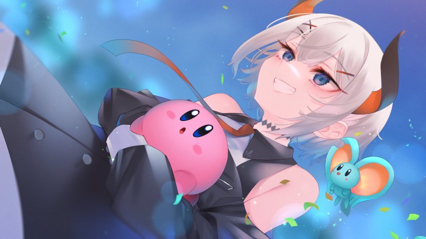 1girl 7zu7 bare_shoulders blue_eyes demon_girl demon_horns hair_between_eyes highres horns kirby kirby_(series) kirby_and_the_forgotten_land levi_elipha long_sleeves necktie nijisanji nintendo parted_lips short_hair smile teeth virtual_youtuber white_hair