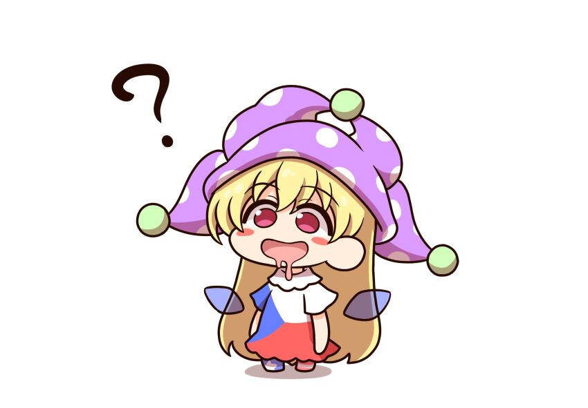 1girl ? american_flag_pants american_flag_print blonde_hair blush_stickers chibi clownpiece czech_flag dress drooling fairy_wings full_body hair_between_eyes hat highres jester_cap long_hair looking_away neck_ruff no_shoes open_mouth pants pink_eyes polka_dot print_pants purple_hat shadow shitacemayo short_sleeves simple_background smile solo standing star_(symbol) star_print striped_clothes striped_pants touhou very_long_hair white_background wings