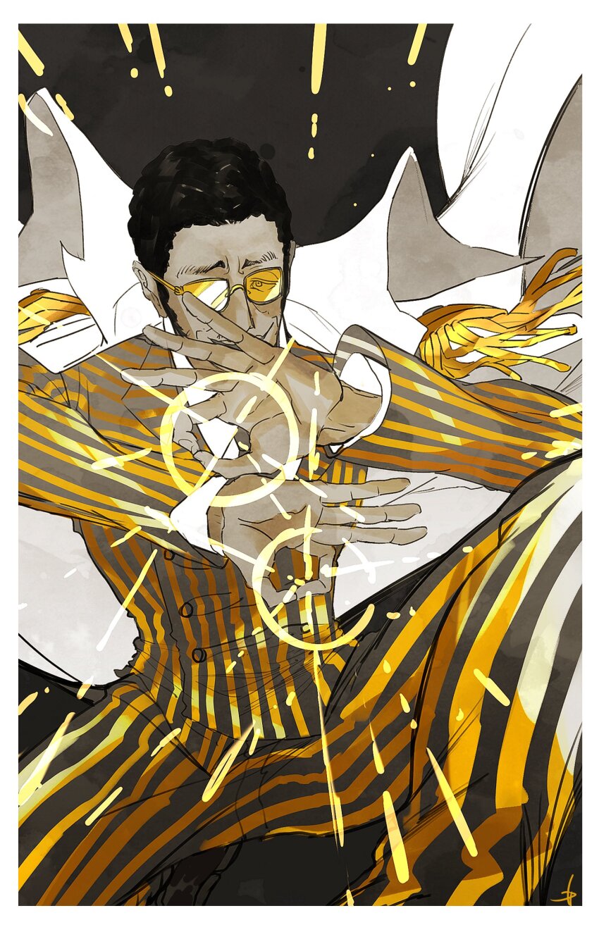 1boy 6cheetah absurdres devil_fruit_power formal_clothes glasses highres kizaru_(one_piece) male_focus one_piece pants solo striped_suit suit sunglasses tinted_eyewear vertical-striped_suit yellow_suit