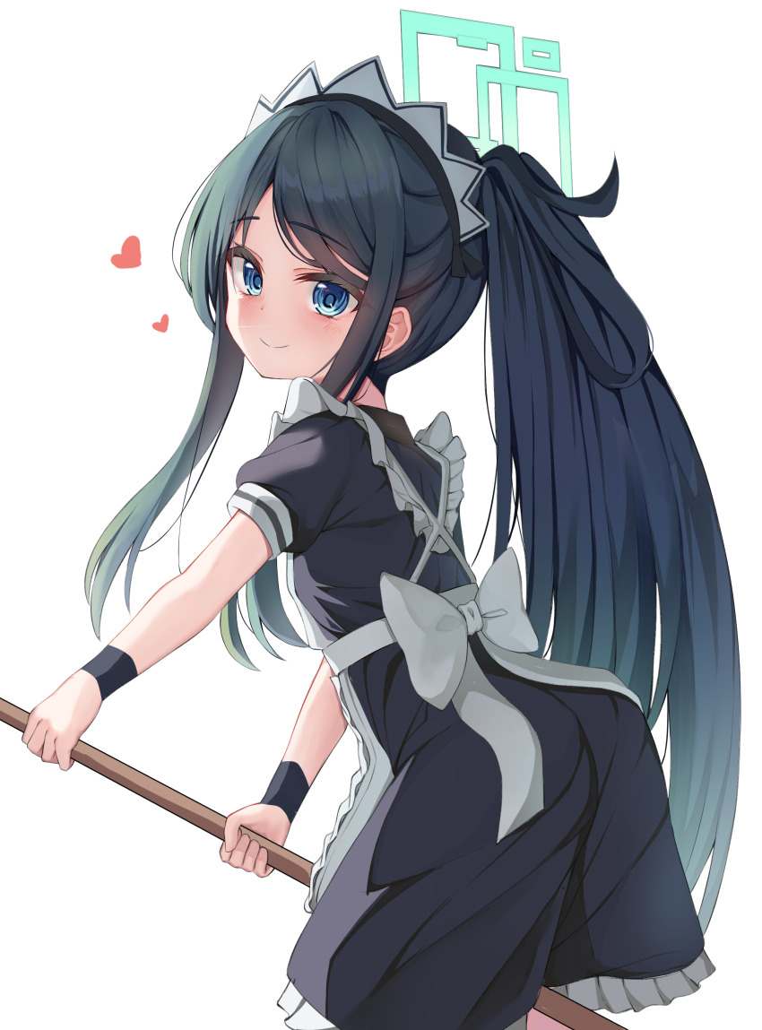 1girl absurdres apron aqua_halo aris_(blue_archive) aris_(maid)_(blue_archive) back_bow between_legs black_dress black_hair black_wrist_cuffs blue_archive blue_eyes blush bow broom closed_mouth commentary dated_commentary dress frilled_apron frilled_dress frills from_behind halo heart high_ponytail highres holding holding_broom leaning_forward loli long_hair long_sidelocks looking_at_viewer looking_back maid maid_apron maid_headdress official_alternate_costume official_alternate_hairstyle parted_bangs ponytail puffy_short_sleeves puffy_sleeves rate_aato rectangular_halo short_sleeves sidelocks simple_background smile solo split_mouth turning_head very_long_hair white_apron white_background white_bow white_headdress wrist_cuffs