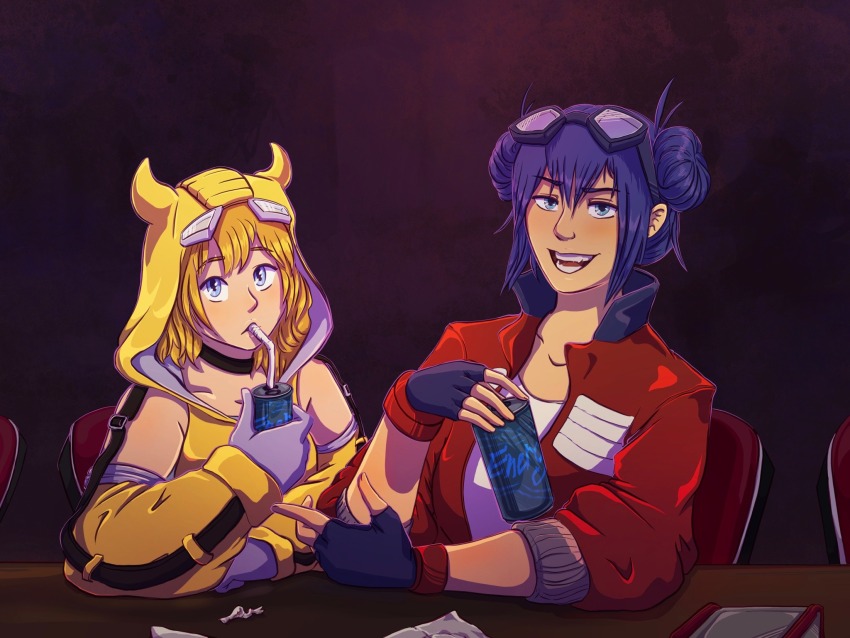 2girls alternate_universe black_gloves blonde_hair blue_eyes blue_hair bumblebee_(kotobukiya_bishoujo)_(transformers) bumblebee_(transformers) can detached_sleeves double_bun drink_can drinking_straw energon fingerless_gloves genderswap genderswap_(mtf) gloves goggles goggles_on_head hair_bun highres hood hood_down hooded_shirt horned_hood horns jacket kotobukiya looking_at_viewer mecha medium_hair multiple_girls open_clothes open_jacket optimus_prime optimus_prime_(kotobukiya_bishoujo) red_jacket robot shirt skeletondeer transformers white_gloves white_shirt