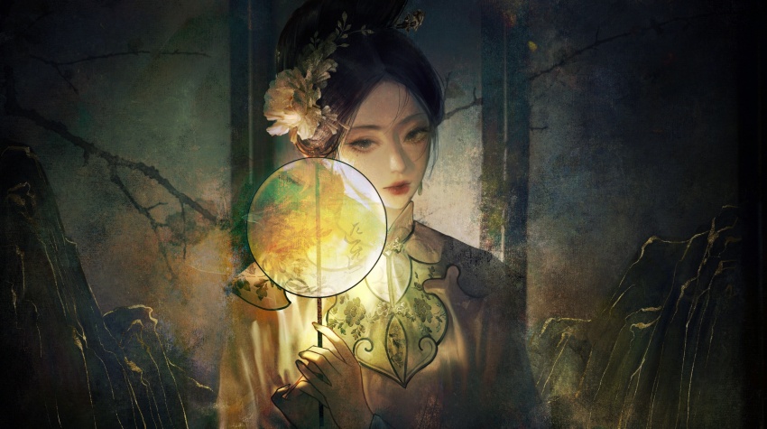 1girl absurdres black_eyes black_hair check_copyright chinese_clothes chinese_commentary chinese_hairpin closed_mouth collar commentary_request copyright_request dark earrings expressionless eyelashes flower forest glowing grass green_collar grey_nails hair_bun hair_flower hair_ornament hand_fan hanfu high_collar highres holding holding_fan jewelry jiaopiupiu lipstick long_sleeves looking_at_viewer makeup mole mole_under_eye nail_polish nature night original outdoors red_lips short_hair single_earring single_hair_bun solo tassel tassel_earrings thick_eyebrows tree tuanshan updo upper_body white_flower white_hanfu yunjian
