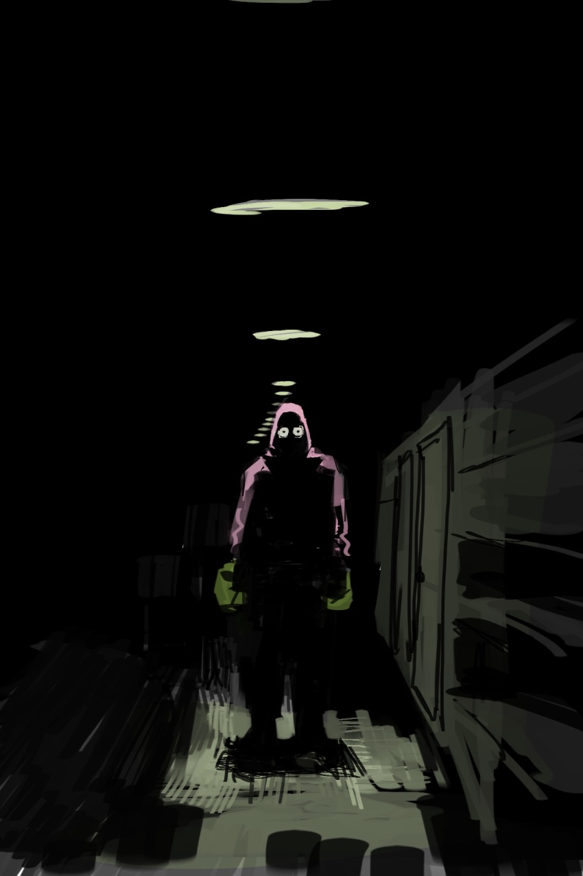 1boy boxing_gloves dancho_no_mori full_body hallway hood hood_up hoodie horror_(theme) indoors little_mac nintendo punch-out!! solo standing wide-eyed
