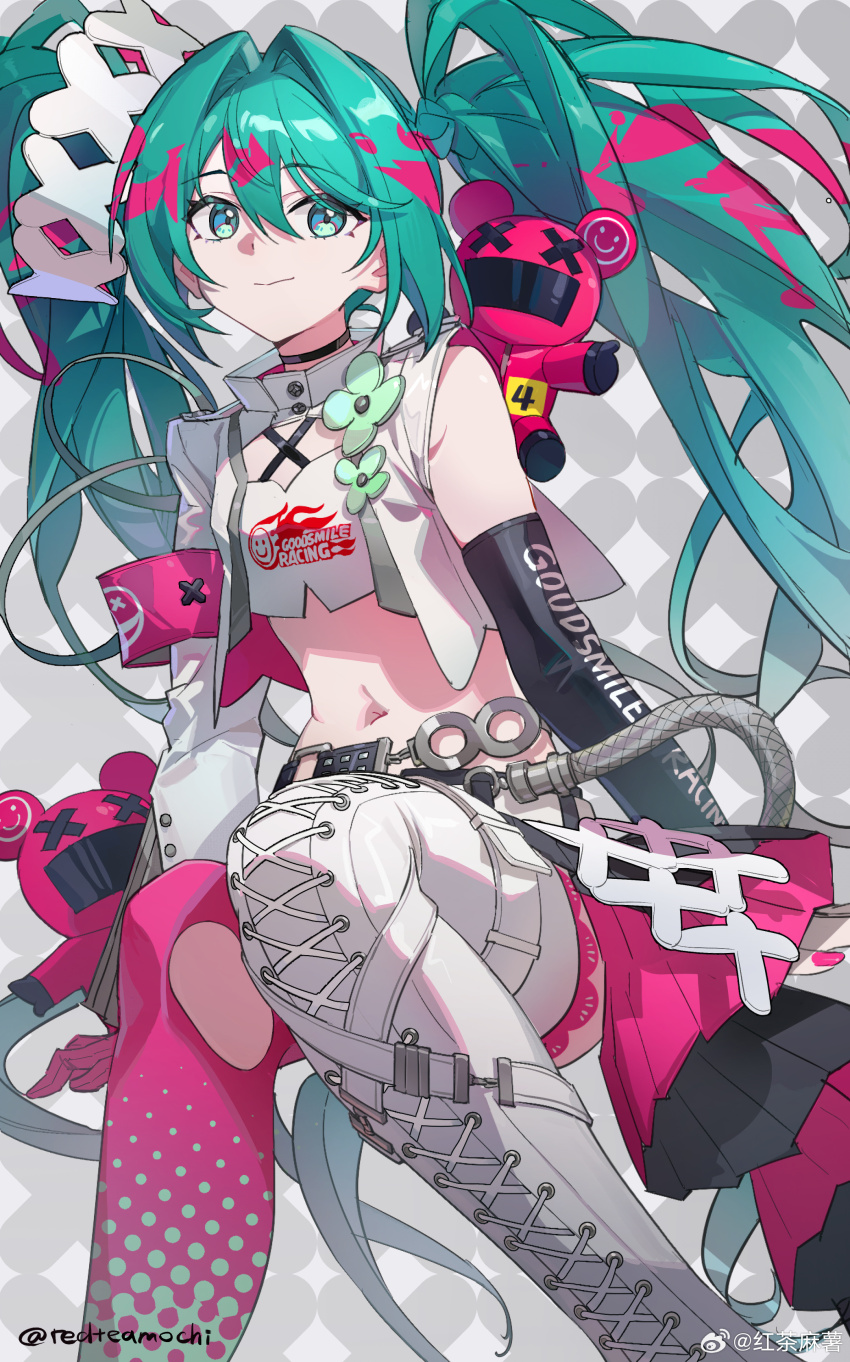 1girl absurdres aqua_hair artist_name asymmetrical_legwear black_choker black_sleeves boots breasts choker crop_top cropped_jacket detached_sleeves goodsmile_racing hair_intakes hatsune_miku highres hongchamashu jacket lace-up_boots looking_at_viewer midriff open_clothes open_jacket racing_miku racing_miku_(2025) single_detached_sleeve single_sleeve single_thigh_boot small_breasts smile solo stuffed_animal stuffed_toy teddy_bear thigh_boots twintails vocaloid white_boots white_jacket