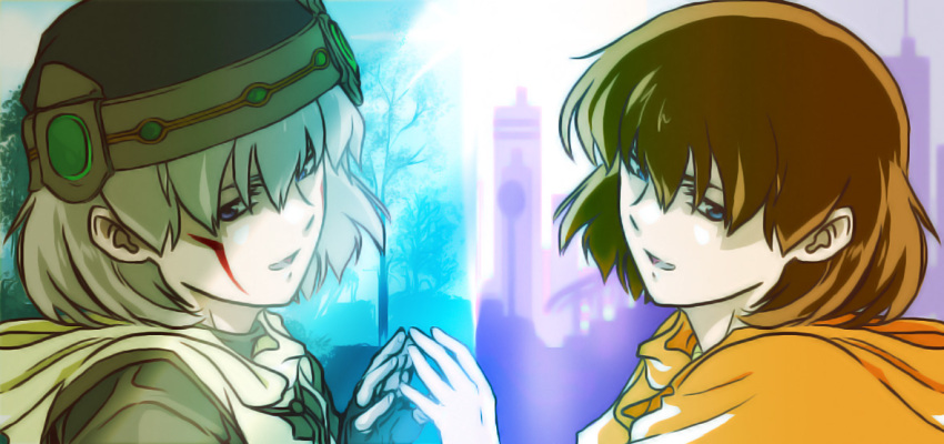 .hack// .hack//sign 1boy 1girl adhemas blue_background blue_eyes brown_gloves brown_hair brown_hat brown_shirt city commentary_request dual_persona facial_mark fingerless_gloves gloves grey_hair hand_to_hand hat hood hood_down looking_at_viewer looking_to_the_side medium_hair open_mouth orange_shirt purple_background purple_eyes shirt shouji_an split_theme symmetry tree tsukasa_(.hack//)