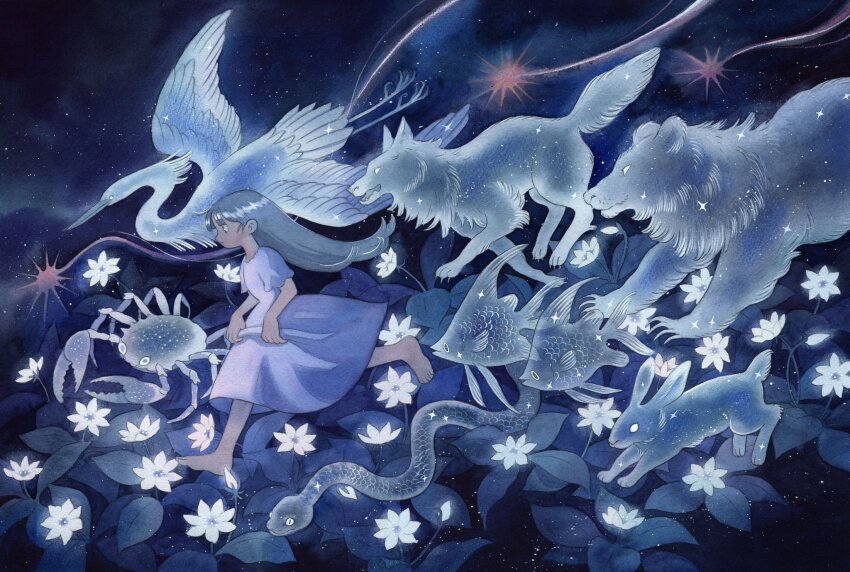 1girl animal barefoot bear bird black_eyes blank_eyes blue_feathers blue_fur blue_hair blue_sky blue_theme cancer_(constellation) closed_mouth commentary crab cygnus_(constellation) dress english_commentary feathers fish flower glowing glowing_animal glowing_flower heikala highres leaf leo_(constellation) lepus_(constellation) long_hair lupus_(constellation) night open_mouth original outdoors painting_(medium) pisces_(constellation) purple_dress rabbit running serpens_(constellation) shooting_star short_sleeves sky smile snake solo star_(sky) starry_hair starry_sky swan traditional_media ursa_major_(constellation) very_long_hair watercolor_(medium) white_eyes white_flower wolf