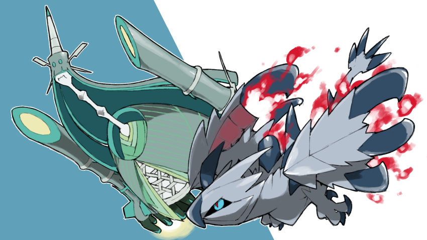 black_sclera blacknirrow blue_background blue_eyes celesteela closed_mouth colored_sclera creatures_(company) crossover flying game_freak gen_7_pokemon highres monster monster_hunter_(series) nintendo no_humans outline pokemon pokemon_(creature) rayman_limbs red_pupils simple_background talons two-tone_background ultra_beast valstrax white_background white_outline