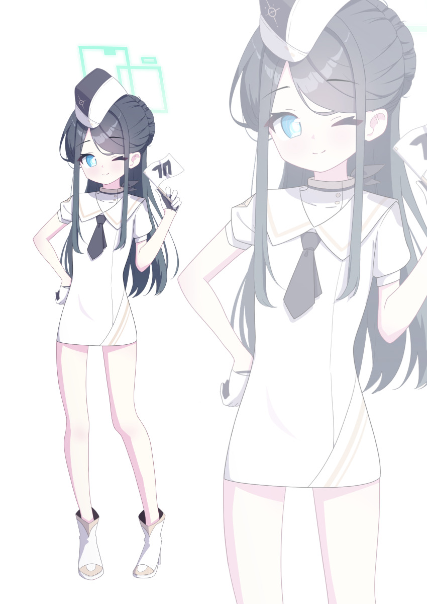 1girl 525_woiwo absurdres alternate_costume alternate_hairstyle aris_(blue_archive) black_necktie blue_archive commentary_request dress flag gloves halo highres holding holding_flag long_hair millennium_science_school_logo necktie one_eye_closed rectangular_halo short_sleeves solo very_long_hair white_background white_dress white_gloves zoom_layer