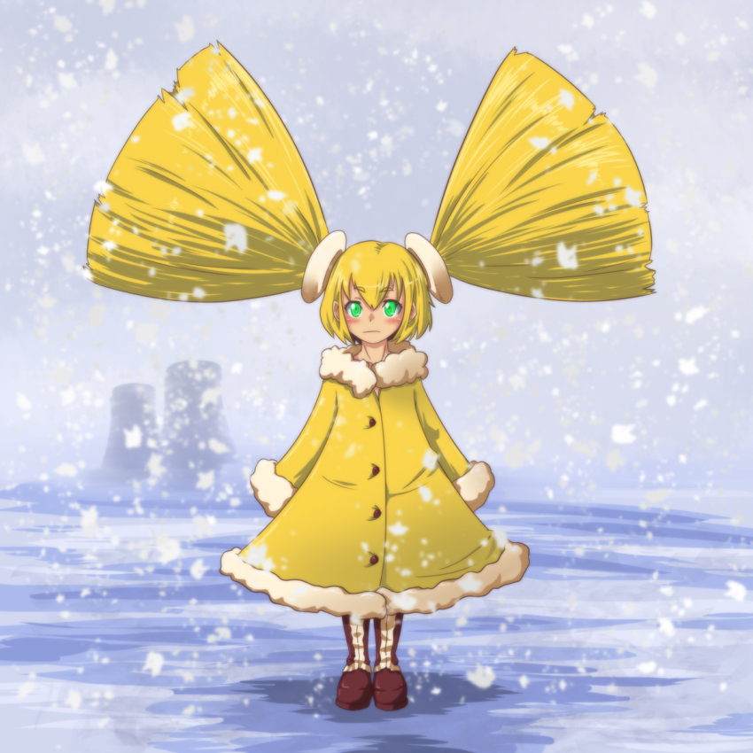 1girl alteigramme blonde_hair female_focus glowing glowing_eyes green_eyes highres nuclear_powerplant nuclear_winter original personification power_plant radiation radiation_symbol radioactive short_twintails snow snowing solo twintails winter winter_clothes yellow_theme