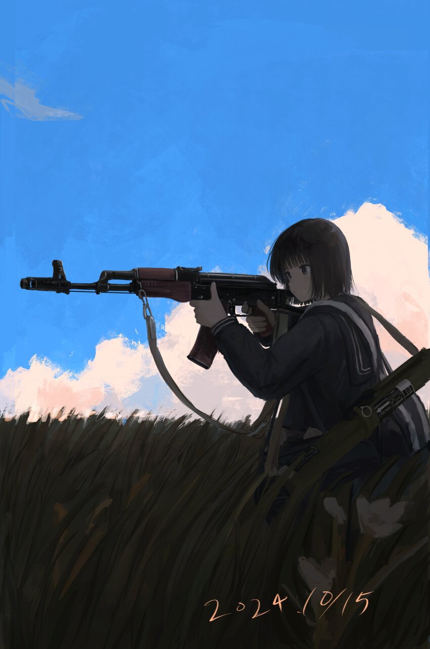 1girl absurdres aiming ak-74m assault_rifle attamaf866 black_eyes black_hair black_serafuku black_shirt black_skirt blue_sky bob_cut brown_sweater_vest cloud dated day expressionless grass gun gun_sling highres holding holding_weapon horse_girl kalashnikov_rifle long_sleeves original outdoors rifle rocket_launcher school_uniform serafuku shirt short_hair skirt sky solo sweater_vest weapon