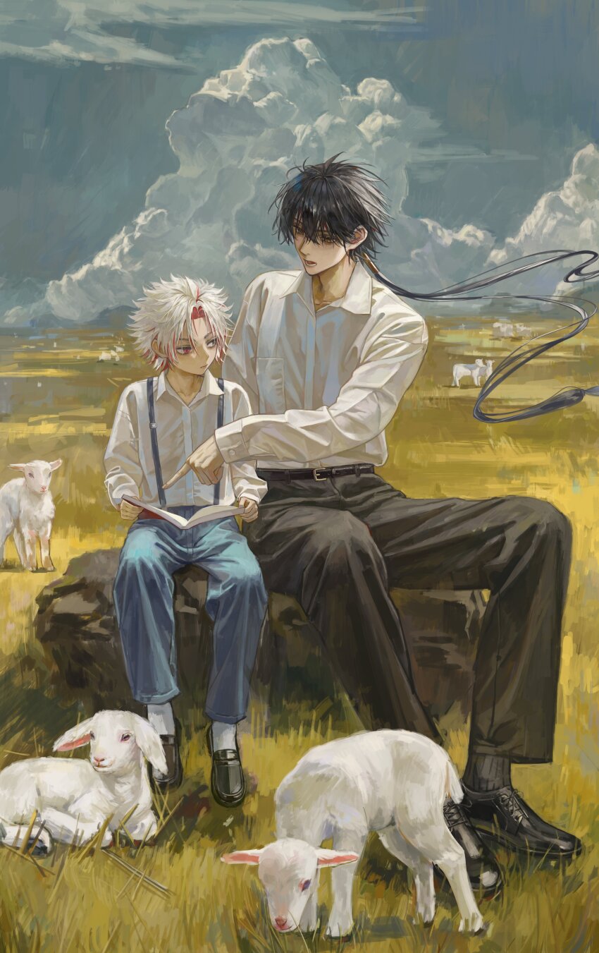 2boys absurdres aged_down animal animal_ears animal_nose belt black_belt black_hair black_pants black_shoes black_socks blue_pants book breast_pocket child closed_mouth cloud cloudy_sky collared_shirt day fingernails floating_hair full_body goat goat_ears goat_tail grass grey_eyes grey_sky hair_between_eyes hair_ornament heterochromia highres holding holding_book long_hair long_sleeves looking_at_another low_ponytail male_rover_(wuthering_waves) multicolored_hair multiple_boys open_book open_mouth outdoors pants pocket pointing ponytail puffy_long_sleeves puffy_sleeves red_eyes red_hair rock rover_(wuthering_waves) scar_(wuthering_waves) shirt shoes short_hair sitting sky socks suspenders teeth two-tone_hair white_hair white_shirt white_socks wuthering_waves xxxworldhahaha yellow_eyes