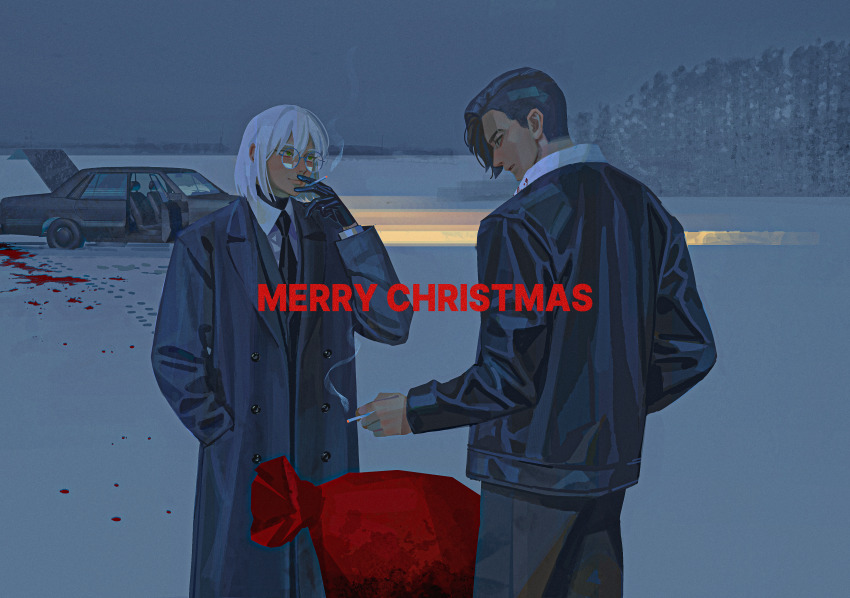 2boys absurdres black_gloves black_hair black_jacket black_necktie blood car cigarette coat collared_shirt footprints gloves green_eyes grey_coat highres holding holding_cigarette implied_murder jacket male_focus motor_vehicle multiple_boys necktie on_(onon2659) original outdoors overcast sack shirt sky smoking tree white_hair white_shirt winter