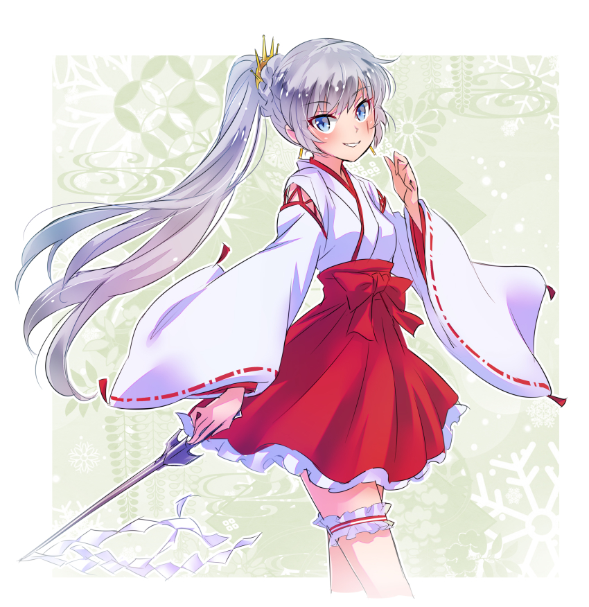 1girl absurdres adapted_object blue_eyes earrings female_focus frilled_thigh_strap hakama hakama_skirt highres iesupa japanese_clothes jewelry long_hair miko ponytail rwby scar side_ponytail skirt solo thigh_strap tiara weiss_schnee white_hair wide_sleeves
