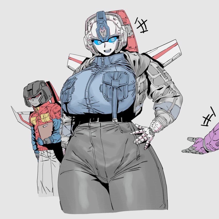 +++ 1girl absurdres black_pants blue_eyes breast_pocket breasts clipboard cropped_legs genderswap genderswap_(mtf) grey_background hand_on_own_hip highres huge_breasts humanization jacket jetfire pants pocket red_eyes red_jacket salamander_(popo51332877) solo_focus starscream transformers white_pants zipper