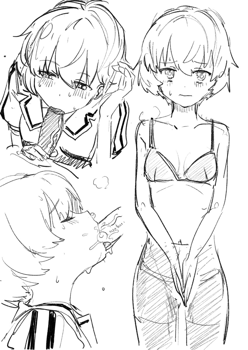 1girl absurdres blush bra breasts breasts_apart closed_mouth collarbone commentary_request cowboy_shot cum cum_in_mouth erection fellatio furrowed_brow greyscale heijou_institute_school_uniform highres iwakura_sanae looking_at_viewer monochrome multiple_views navel oral pantyhose penis school_uniform short_hair short_sleeves simple_background sketch small_breasts standing steam stomach summer_uniform sweat swept_bangs toji_no_miko tucking_hair underwear veins veiny_penis white_background yamamoto_kichiko