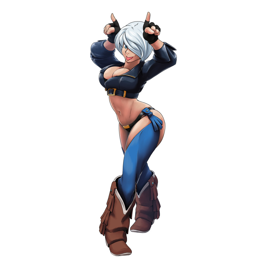 1girl absurdres angel_(kof) ass blue_eyes boots breasts cleavage curvy female_focus gloves hands_up highres jacket large_breasts leather looking_at_viewer pale_skin panties short_hair smile smiley_face standing the_king_of_fighters thick_thighs thighs tongue tongue_out underwear white_hair wide_hips zen158 zenny158