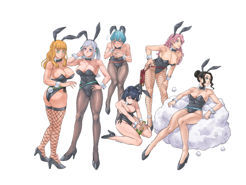 6+girls absurdres animal_costume black_clover black_hair blue_hair braid breasts charmy_pappitson embarrassed grey_(black_clover) grey_hair half_up_braid highres honestage large_breasts long_hair mimosa_vermillion multiple_girls noelle_silva orange_hair pink_hair rabbit_costume rabbit_ears rabbit_tail short_hair simple_background smile vanessa_enoteca