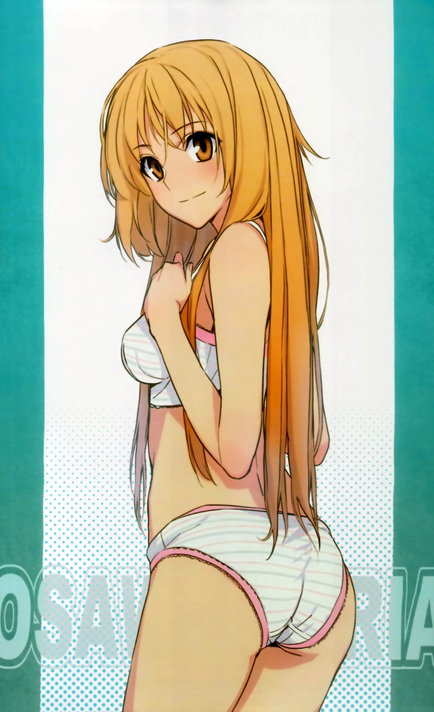 1girl 428 428:_fuusa_sareta_shibuya_de absurdres ass bra breast_suppress brown_eyes canaan_(series) chunsoft female_focus highres huge_filesize light_smile long_hair looking_back morii_shizuki oosawa_maria orange_hair panties scan sidelocks solo striped_bra striped_clothes striped_panties underwear underwear_only