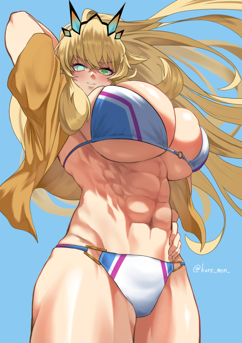1girl abs arm_behind_head arm_up bare_shoulders barghest_(fate) barghest_(swimsuit_archer)_(final_ascension)_(fate) barghest_(swimsuit_archer)_(first_ascension)_(fate) biceps bikini blonde_hair breasts cleavage fate/grand_order fate_(series) green_eyes grin high_ponytail highres horns huge_breasts kuremon long_hair looking_at_viewer multicolored_bikini muscular muscular_female navel ponytail shirt short_sleeves smile solo swimsuit thick_thighs thighs underboob white_bikini yellow_shirt