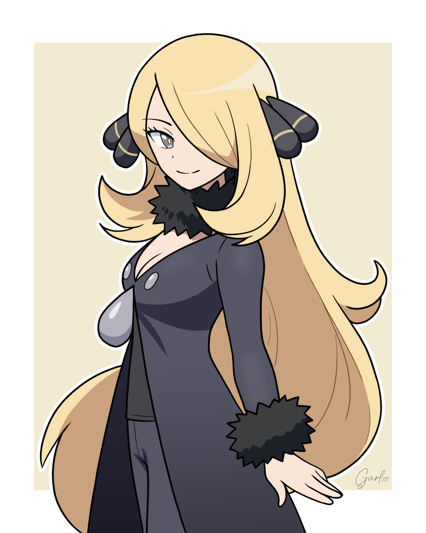 1girl absurdres black_coat black_pants black_shirt blonde_hair border breasts cleavage closed_mouth coat cowboy_shot cynthia_(pokemon) fur-trimmed_sleeves fur_collar fur_trim garloo grey_eyes hair_ornament hair_over_one_eye highres long_hair looking_at_viewer medium_breasts nintendo pants pokemon pokemon_dppt shirt smile solo very_long_hair white_border