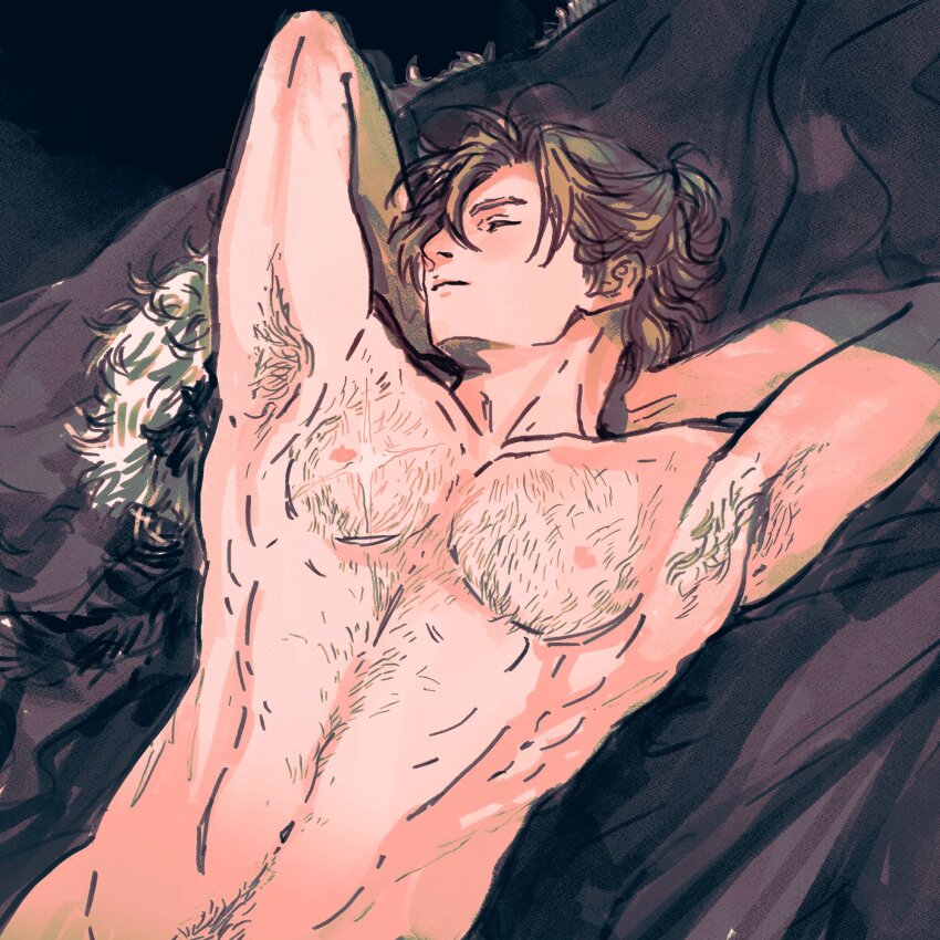 1boy armpit_hair armpits arms_behind_head arms_up breeze_paro cape chest_hair closed_eyes closed_mouth commentary completely_nude cowboy_shot curtained_hair dimitri_alexandre_blaiddyd dimitri_alexandre_blaiddyd_(timeskip) dutch_angle english_commentary fire_emblem fire_emblem:_three_houses fur-trimmed_cape fur_trim hairy highres linea_alba lying male_focus navel nintendo nipples nude on_back pectorals solo unworn_cape white_fur