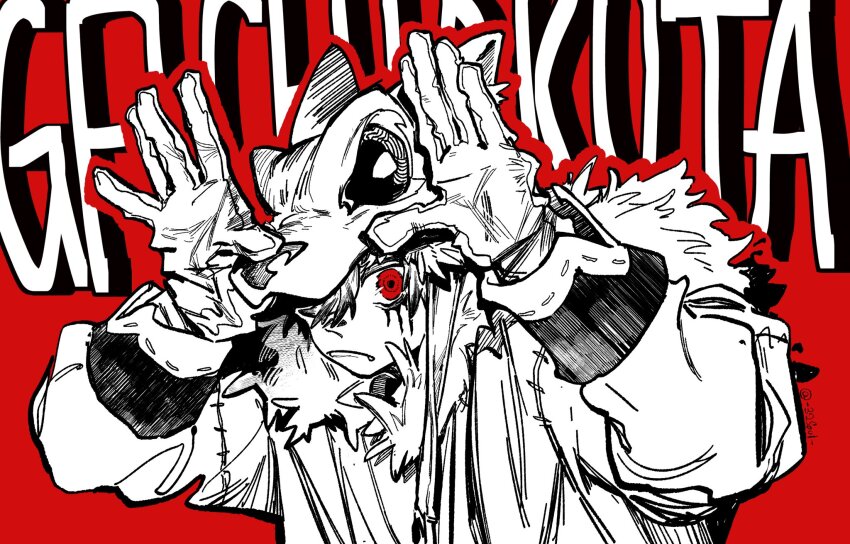 1boy 32soulll facepaint fang gachiakuta gloves greyscale highres hood hoodie looking_at_viewer male_focus monochrome paper_cutout red_background red_eyes ringed_eyes rudo_surebrec shirt simple_background solo spiked_hair spot_color wolf_hat