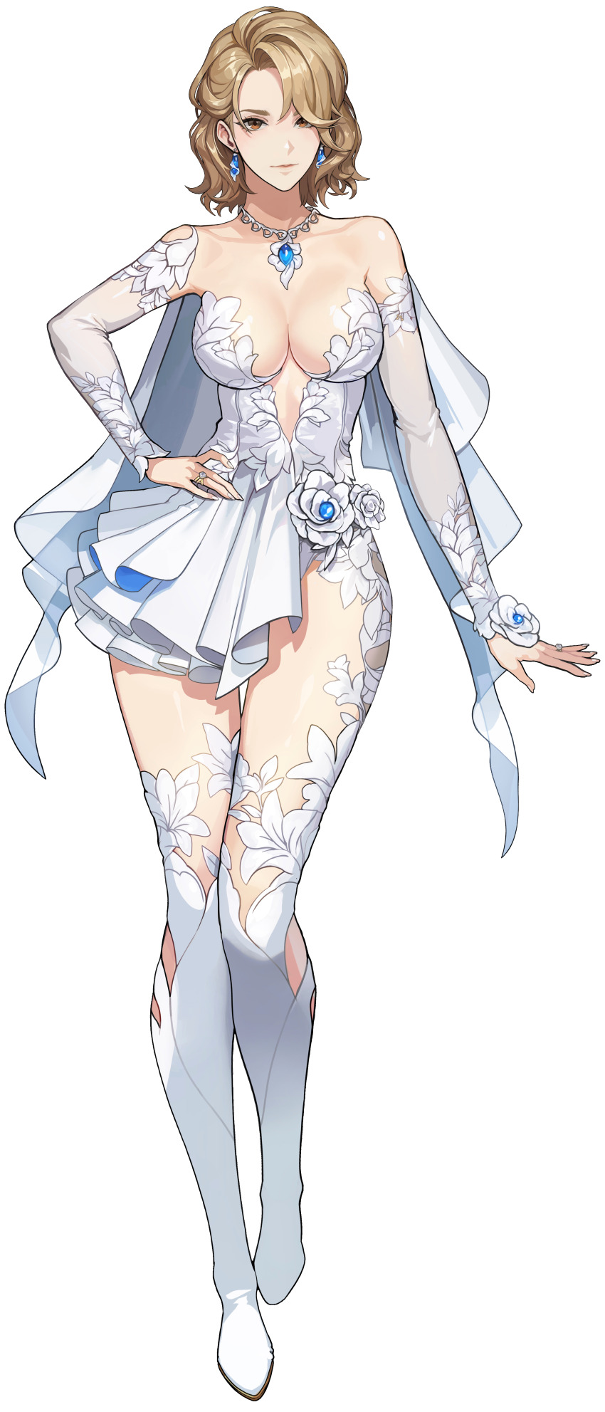 1girl absurdres asymmetrical_clothes asymmetrical_dress blonde_hair blue_gemstone blue_skirt breasts brown_eyes cape detached_sleeves dress earrings floral_print flower full_body gem gina_(solo_leveling) hair_over_one_eye half-skirt hand_on_own_hip highres jewelry large_breasts layered_skirt leotard looking_at_viewer necklace official_alternate_costume official_alternate_hairstyle official_art parted_bangs plunging_neckline revealing_clothes ring short_hair single_bare_shoulder skirt solo solo_leveling solo_leveling:_arise strapless strapless_dress thighhighs transparent_background white_cape white_dress white_flower white_leotard white_nails white_skirt white_sleeves white_thighhighs