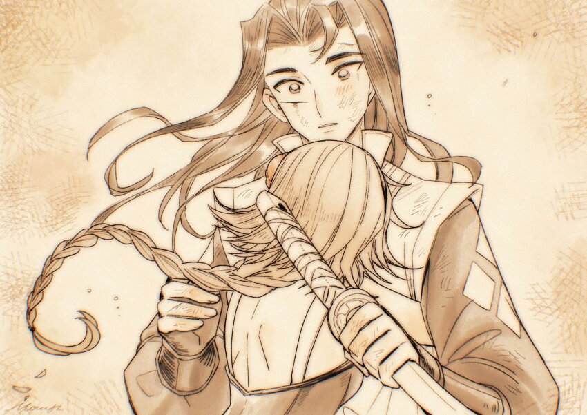 1boy 1girl agnea_bristarni braid breasts dirty dirty_face dress highres hikari_ku holding holding_sword holding_weapon hug injury jacket long_hair long_sleeves medium_breasts mouyi octopath_traveler octopath_traveler_ii parted_bangs parted_lips popped_collar sepia short_hair_with_long_locks single_braid sleeveless sleeveless_dress sword upper_body vest weapon wide-eyed