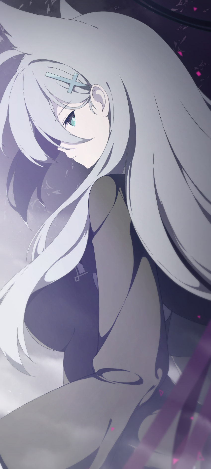 1girl absurdres ahoge animal_ear_fluff animal_ears black_dress black_halo blue_archive blue_eyes breasts cross cross_hair_ornament dark_halo dress extra_ears grey_hair hair_ornament halo highres inverted_cross large_breasts long_hair long_sleeves looking_at_viewer mismatched_pupils oishi_saba phrenapates_(blue_archive) shiroko_(blue_archive) shiroko_terror_(blue_archive) solo wolf_ears wolf_girl