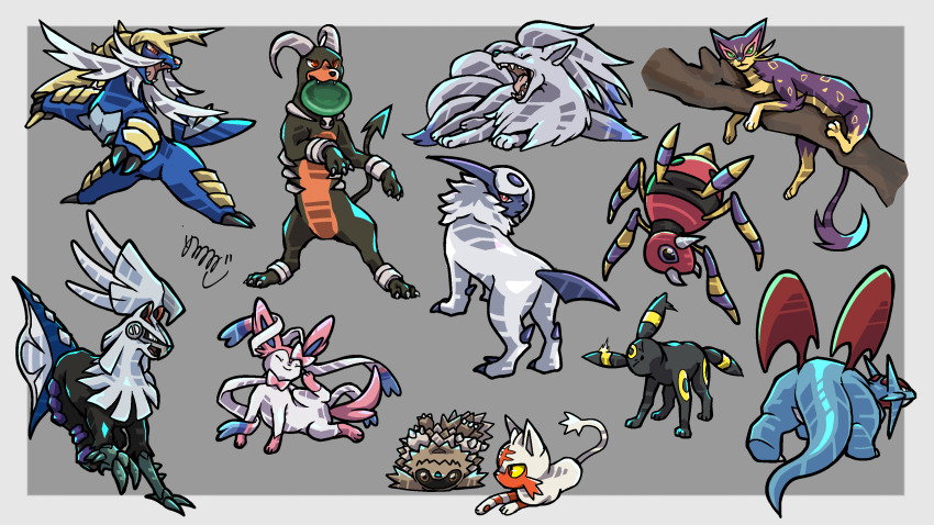 absol absurdres alolan_form alolan_ninetales alternate_color ariados black_fur blue_skin border brown_eyes brown_fur bug cat claws colored_sclera colored_skin commentary_request dog facial_mark forehead_jewel forehead_mark frisbee gen_2_pokemon gen_3_pokemon gen_5_pokemon gen_6_pokemon gen_7_pokemon green_eyes grey_background highres horns houndoom legendary_pokemon liepard litten meruru_gu multiple_tails nintendo no_humans open_mouth outside_border pokemon pokemon_(creature) purple_eyes purple_fur red_eyes salamence samurott sharp_teeth shiny_pokemon silvally simple_background single_horn sitting sitting_on_branch snout spider standing sylveon tail teeth umbreon wavy_mouth whiskers white_border white_fur wings yawning yellow_sclera zigzagoon