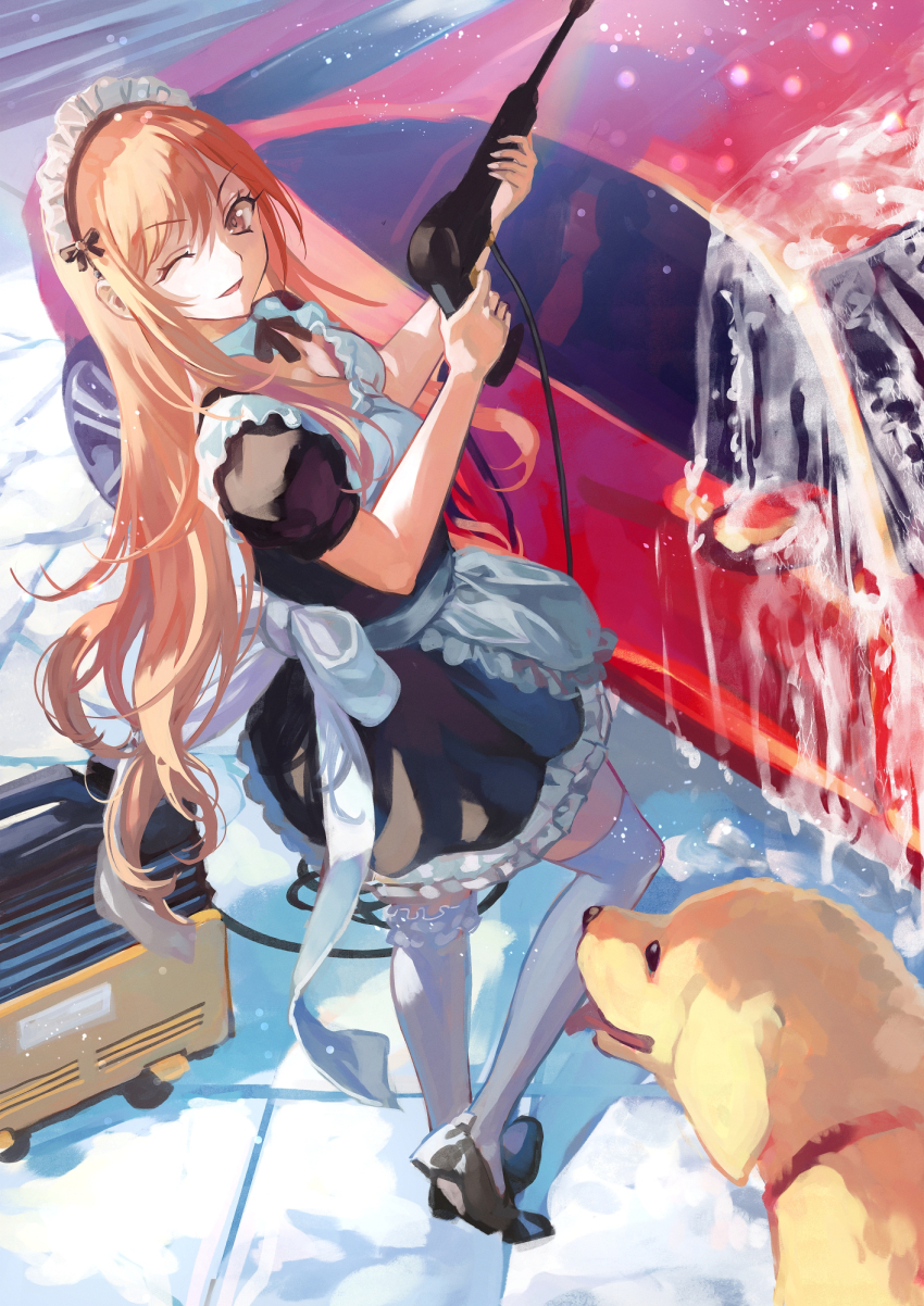 1girl ;) alternate_costume apron arisugawa_natsuha back_bow black_dress black_shoes bow breasts brown_eyes car cattleya_(shiny_colors) dog dress enmaided highres idolmaster idolmaster_shiny_colors long_hair maid maid_apron maid_headdress medium_breasts motor_vehicle one_eye_closed orange_hair otsudou red_car shoes smile solo thighhighs washing_vehicle white_apron white_thighhighs