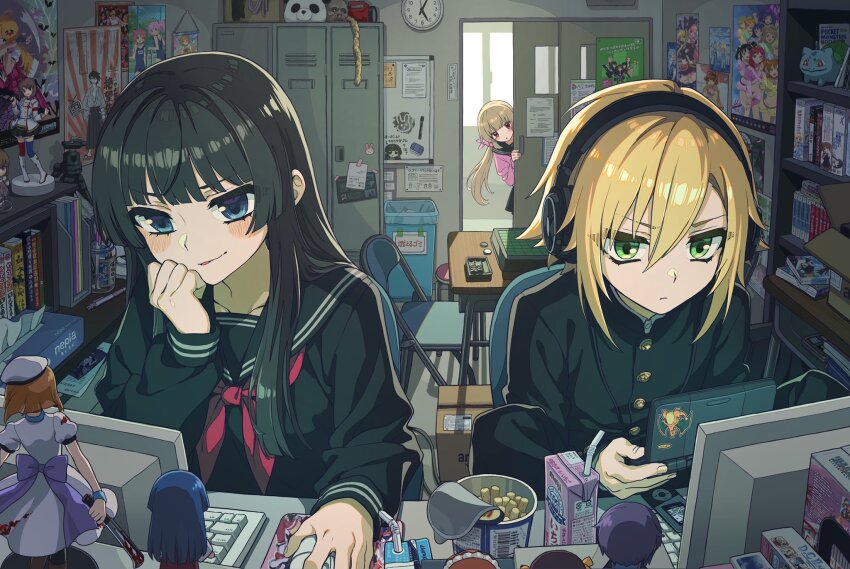 1boy 2girls akaza_akari amazon_(company) asahina_mikuru black_hair black_sailor_collar black_serafuku blonde_hair blue_eyes blush_stickers board_game box bulbasaur cardboard_box chair character_request charizard clannad clenched_hand clubroom computer computer_keyboard copyright_request da_capo da_capo_ii day denpa_onna_to_seishun_otoko digital_media_player figure folding_chair food furude_rika furukawa_nagisa gakuran game_freak gen_1_pokemon green_eyes hagiwara_yukiho hair_between_eyes hair_ornament hand_on_own_chin handheld_game_console hayate_no_gotoku! headphones highres higurashi_no_naku_koro_ni hime_cut holding holding_computer_mouse holding_handheld_game_console hoshii_miki idolmaster idolmaster_(classic) indoors itoshiki_nozomu k-on! katteni_kaizou knees_up leaning_to_the_side little_busters! locker love_live! love_live!_school_idol_project low_twintails manga_(object) milk_carton mousepad_(object) multiple_girls nagato_yuki namiko817 natori_sana natori_sana_(school_uniform) neckerchief nijisanji nintendo nintendo_ds otaku otaku_room parted_lips pink_serafuku pocky pokemon poster_(object) rabbit_hair_ornament red_eyes red_neckerchief reversi ryuuguu_rena sailor_collar sana_channel sayonara_zetsubou_sensei school school_uniform serafuku short_hair sitting sliding_doors smile suzumiya_haruhi suzumiya_haruhi_no_yuuutsu table tissue_box touwa_erio trash_can tsukino_mito tsukino_mito_(5th_costume) twintails uzuki_kou v-shaped_eyebrows video_game virtual_youtuber wavy_mouth yoshikawa_chinatsu yume_miru_kusuri yuru_yuri