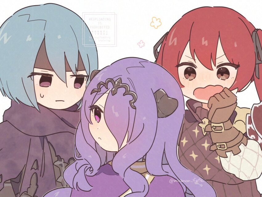 3girls :o aged_down beruka_(fire_emblem) black_headband bob_cut brown_gloves camilla_(fire_emblem) camilla_(young_beauty)_(fire_emblem) cape closed_mouth fire_emblem fire_emblem_fates fire_emblem_heroes gambeson gloves hair_over_one_eye headband highres long_hair looking_at_another multiple_girls nintendo open_mouth purple_eyes purple_hair red_eyes red_hair selena_(fire_emblem_fates) short_hair sorane_amus sweatdrop twintails twitter_username