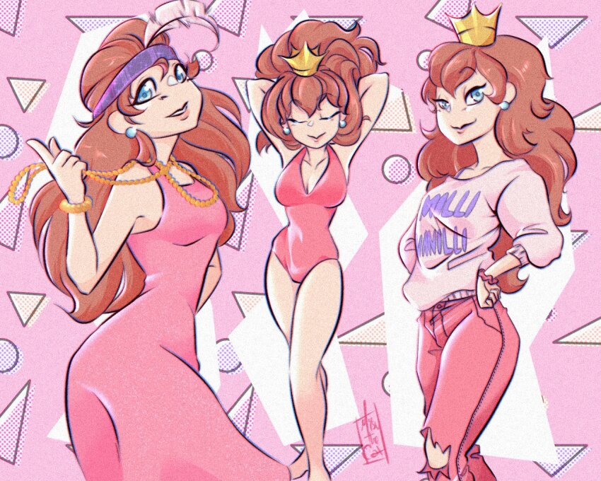 1girl 80s alternate_costume alternate_hairstyle artist_name blue_eyes bracelet breasts brown_hair cleavage closed_eyes crown curvy denim dress earrings feather_hair_ornament hair_ornament hands_on_own_hips jeans jewelry legs mario_(series) medium_breasts misuthecat multiple_views necklace nintendo oldschool one-piece_swimsuit pants princess_peach retro_artstyle shiny_skin smile swimsuit the_adventures_of_super_mario_bros._3 the_super_mario_bros._super_show! thighs torn_clothes torn_jeans torn_pants
