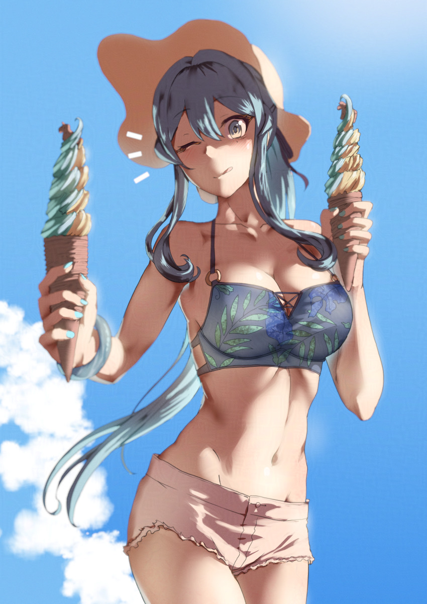 1girl absurdres bikini blue_bikini blue_eyes blue_hair blue_sky cloud day food gotland_(kancolle) gotland_(swimsuit)_(kancolle) hair_between_eyes hat highres holding holding_ice_cream_cone ice_cream ice_cream_cone kantai_collection long_hair looking_at_viewer mole mole_under_eye mrdotd navel official_alternate_costume outdoors shorts sky solo sun_hat swimsuit very_long_hair white_shorts
