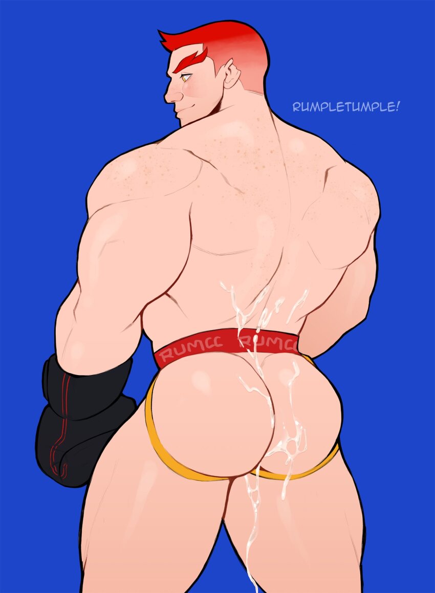 1boy artist_name ass back bara blue_background blush boxing_gloves cum cum_in_ass cum_on_body feet_out_of_frame freckles gloves highres huge_ass jockstrap male_focus male_underwear manly mature_male muscular muscular_arms muscular_legs muscular_male nose_blush original red_hair rumple_tumple short_hair signature simple_background smirk solo thick_eyebrows thighs triceps underwear yellow_eyes