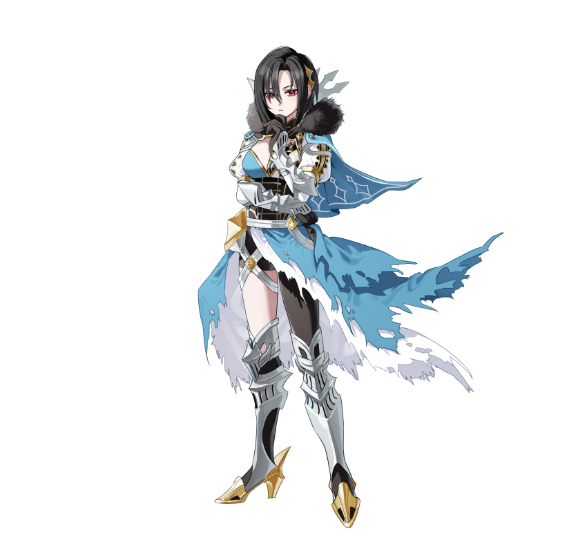 1girl absurdres armored_collar asymmetrical_bangs asymmetrical_clothes black_hair breasts chigusa_minori cleavage cleavage_cutout closed_mouth clothing_cutout dress fire_emblem fire_emblem_engage fire_emblem_heroes fur_trim gloves hair_between_eyes hair_ornament highres jewelry long_sleeves looking_at_viewer necklace nel_(fire_emblem) nintendo official_art red_eyes short_hair solo thigh_armor two-tone_dress