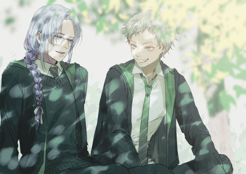 2boys black_robe blurry blurry_background braid collared_shirt commission glasses grey_hair grey_sweater_vest grin highres hogwarts_school_uniform kurosujuu looking_at_another male_focus multiple_boys original robe school_uniform shirt short_hair sitting skeb_commission slytherin smile sweater_vest white_hair white_shirt wizarding_world