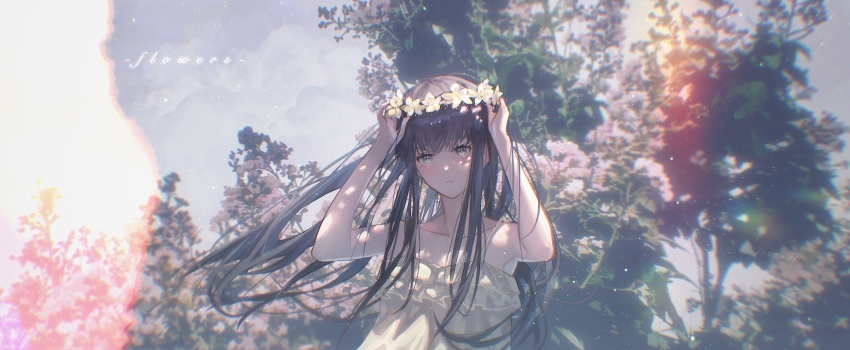 1girl adjusting_clothes adjusting_headwear ankodesoy bare_arms black_hair breasts camisole cloud collarbone copyright_name day dress expressionless floating_hair flower flowers_(innocent_grey) frilled_camisole frills grey_eyes hands_up head_wreath highres long_hair looking_at_viewer outdoors parted_lips shadow shirahane_suou sky sleeveless sleeveless_dress small_breasts solo straight_hair tree upper_body wind yellow_camisole yellow_flower
