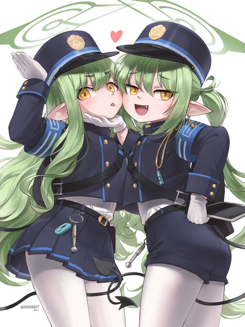 2girls :d absurdres arm_up armband ass black_tail blue_archive blue_armband buttons commentary_request cowboy_shot demon_tail double-breasted earrings fang gloves green_hair green_halo halo hand_on_another&#039;s_chin hand_on_own_hip hat heart highres hikari_(blue_archive) hoishere7 holding holding_tablet_pc jewelry loli long_hair long_sleeves looking_at_viewer multiple_girls nozomi_(blue_archive) open_mouth pantyhose peaked_cap pointy_ears siblings sidelocks simple_background sisters smile tablet_pc tail tongue tongue_out twins twintails twitter_username white_background white_gloves white_pantyhose yellow_eyes