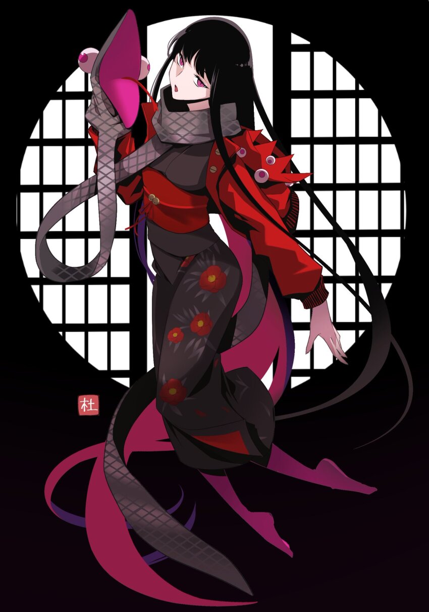 1girl black_hair black_kimono camellia_print fate/grand_order fate_(series) floating floral_print full_body hand_puppet highres holding jacket japanese_clothes kimono long_hair looking_at_viewer morita_yuu oryou_(fate) oryou_(lancer)_(fate) pantyhose pink_eyes pink_pantyhose puppet sash scale_print scarf solo very_long_hair
