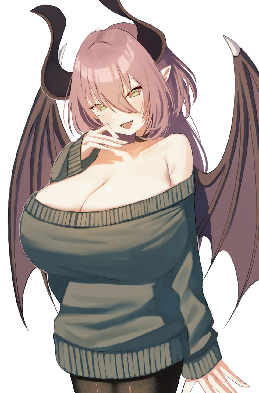 1girl absurdres breasts brown_collar brown_eyes brown_hair brown_pantyhose cleavage collar commentary_request demon_girl demon_horns demon_wings double-parted_bangs green_sweater hair_between_eyes hand_on_own_cheek hand_on_own_face highres horns huge_breasts long_sleeves looking_at_viewer nanashi_nasi off-shoulder_sweater off_shoulder open_mouth original pantyhose pointy_ears short_hair simple_background sleeves_past_wrists smile sweater upper_body white_background wings