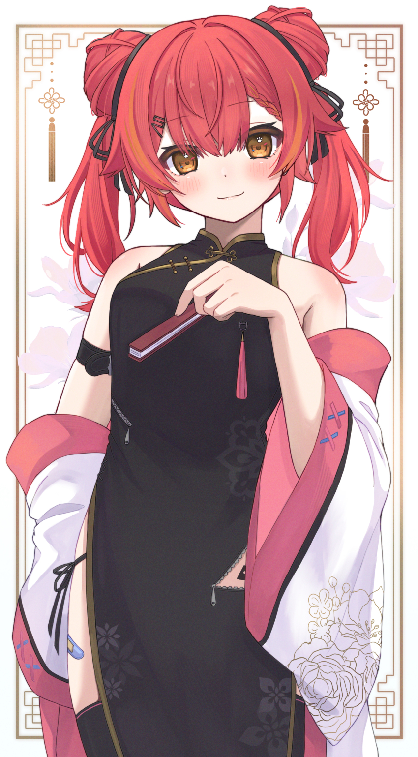 1girl absurdres alternate_costume anku bandaid bandaid_on_leg bare_shoulders black_dress black_ribbon blush china_dress chinese_clothes closed_mouth double_bun dress folded_fan folding_fan hair_bun hair_ribbon hand_fan highres holding holding_fan looking_at_viewer multicolored_hair nekota_tsuna off_shoulder orange_eyes orange_hair red_hair ribbon solo streaked_hair two-tone_hair virtual_youtuber vspo!