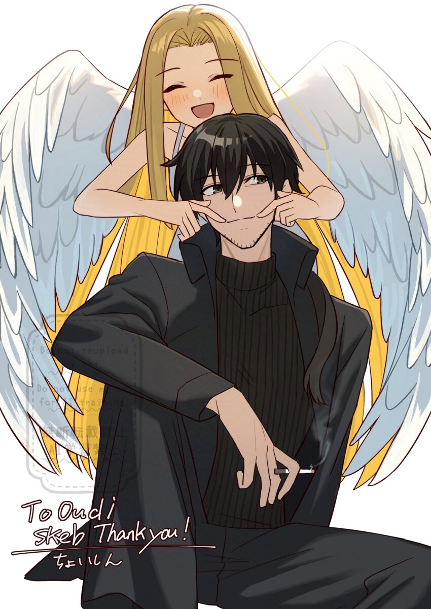 1boy 1girl angel_notes black_choker black_eyes black_hair black_shirt blonde_hair blush choker cigarette closed_eyes collarbone dress feathered_wings gun_god highres holding holding_cigarette long_hair shintyoi2 shirt short_hair signature v/v white_dress wings